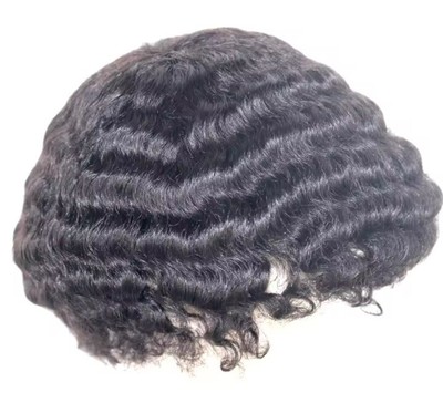 Afro Curly Toupee Human Hair Wig Kinky #3 Black 15MM Waves Full Mono Lace 8x10