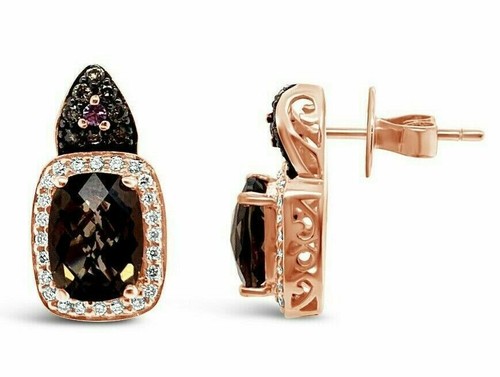 Pre-owned Le Vian Levian 14k Rose Gold Smoky Quartz Chocolate Diamond 2.57 Cts Earrings