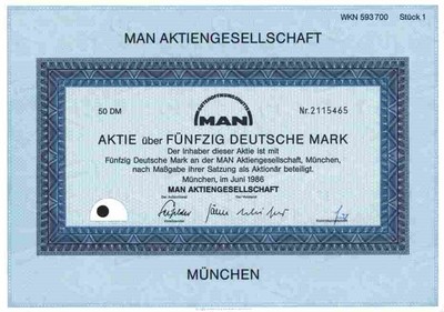 MAN Augsburg 1986 Nürnberg München Oberhausen Offenbach Haniel 50 DM Stammaktie
