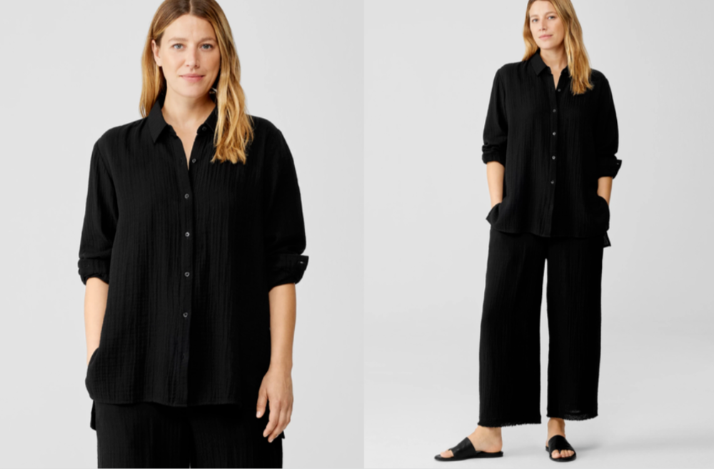

EILEEN FISHER Классическая рубашка с воротником из органического хлопка и марли, БОЛЬШИЕ рукава с язычком, Черный