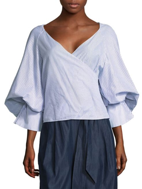 Pre-owned Caroline Constas $395  Josie Blouse Blue White Silver Lurex Striped Top S