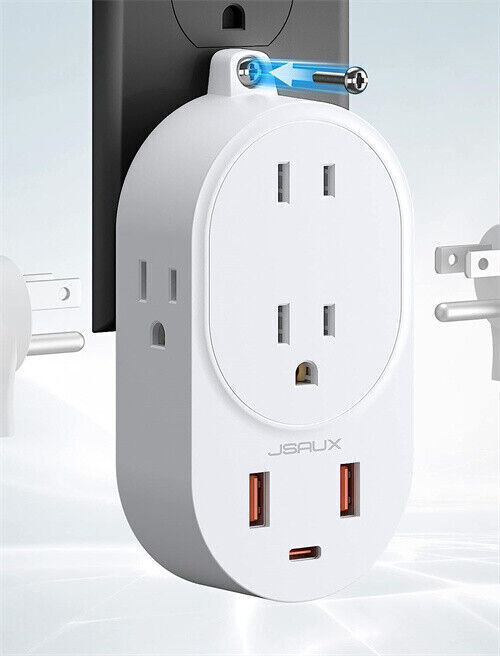 JSAUX Multi Plug 4 AC Outlet Extender, 3 USB Ports Adapter Wall Plug Charger US
