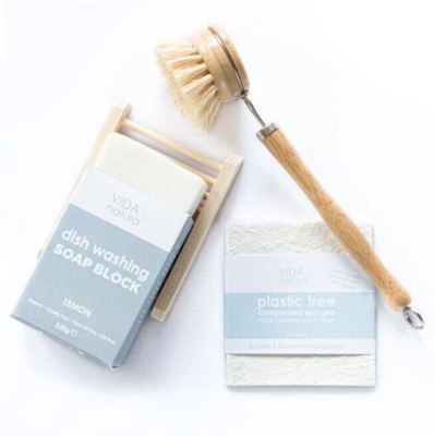 Kitchen Cleaning Set Plastic Free, Brush, Lemon Soap Block, Soap Rack, 2 Sponges