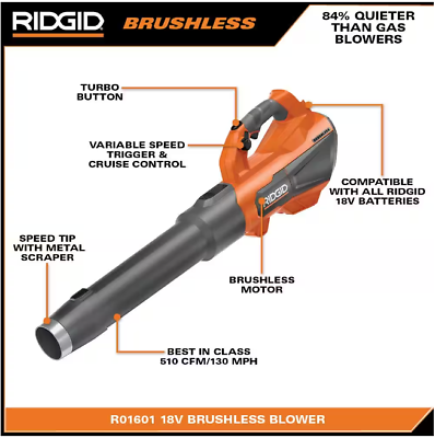 RIDGID 18V Brushless Cordless Battery 510 CFM Leaf Blower Tool