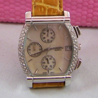 Gruen MOP Face Rhinestone Bezel w/ Calendar Chronograph Leather Band NEW!!