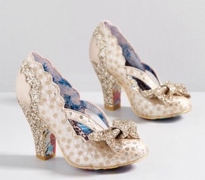 Irregular Choice Curtain Call Gold Heels Sz 5 1/2 5.5 Bow Pinup