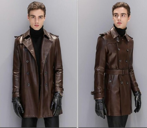 ジャケット・アウター LEATHER COMBINATION DOUBLE LAPELED COAT Double-Breasted Leather Trench Coat, Black (US, Alpha, X