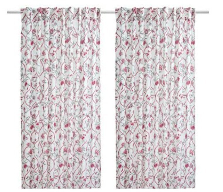 Four Ikea AKLEJRUTA Curtains. White with Red Flowers. Includes Holdbacks and Curtain Liners in