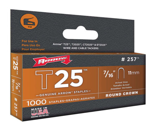 #257 Arrow T25 Round Crown Staples 7/16" 11mm Wire & Cable Fastener Box of 1000