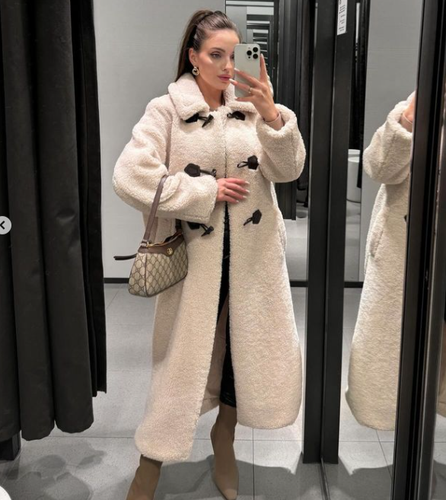 ZARA NEW BNWT. ECRU FAUX SHEARLING TOGGLES LONG COAT WARM