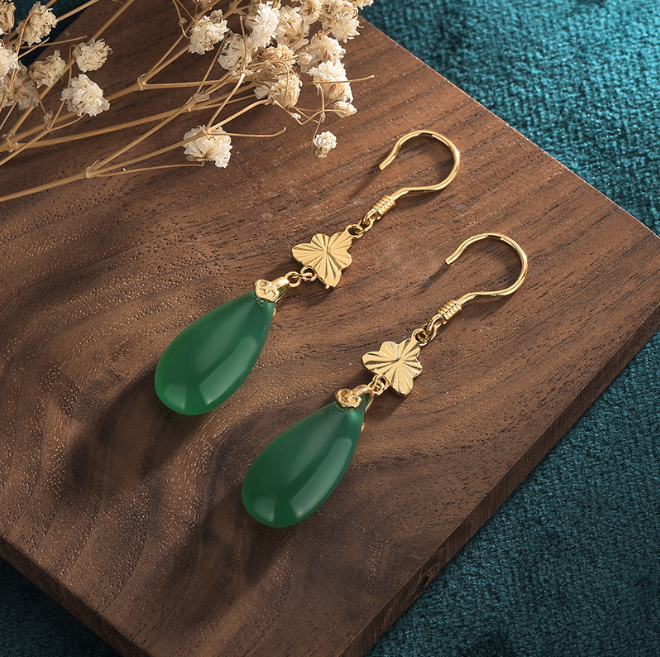 Jade Drop Dangle Earrings Flower Gemstone Boho Minimalist Hook 18K Gold Plated