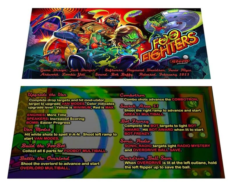 Stern Foo Fighters Pinball Custom Apron Instruction and Information Cards v2