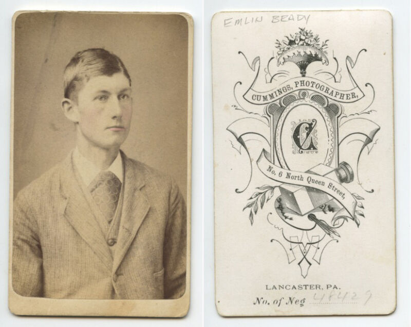 Young Man, Emlin Brady, Cdv Portrait By Cummings, Lancaster, Pa, Graphic Back