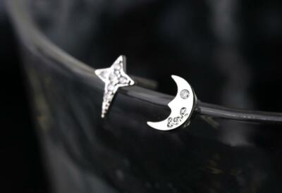 Adorable Tiny Silver Moon Star Pave Cubic Zirconia Stud Earrings