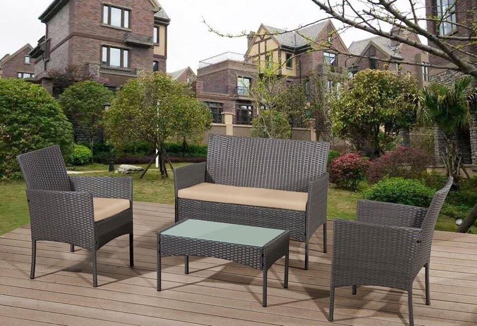 RATTAN GARDEN FURNITURE SET 4 PIECE CHAIRS SOFA TABLE OUTDOOR PATIO SET