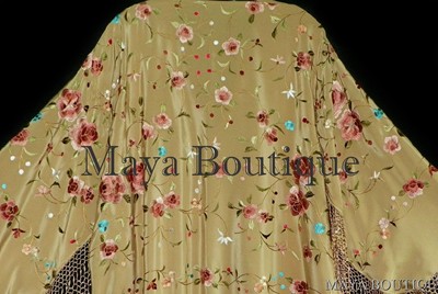 Pre-owned Maya Matazaro Embroidered Silk Fringe Jacket Kimono Coat Wheat Multi Short In Beige