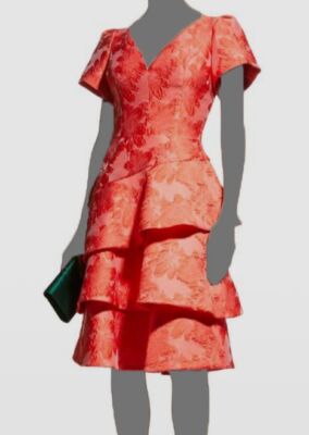 $560 Rickie Freeman For Teri Jon Women's Red Ruffle Tiered Jacquard Dress Size 6
