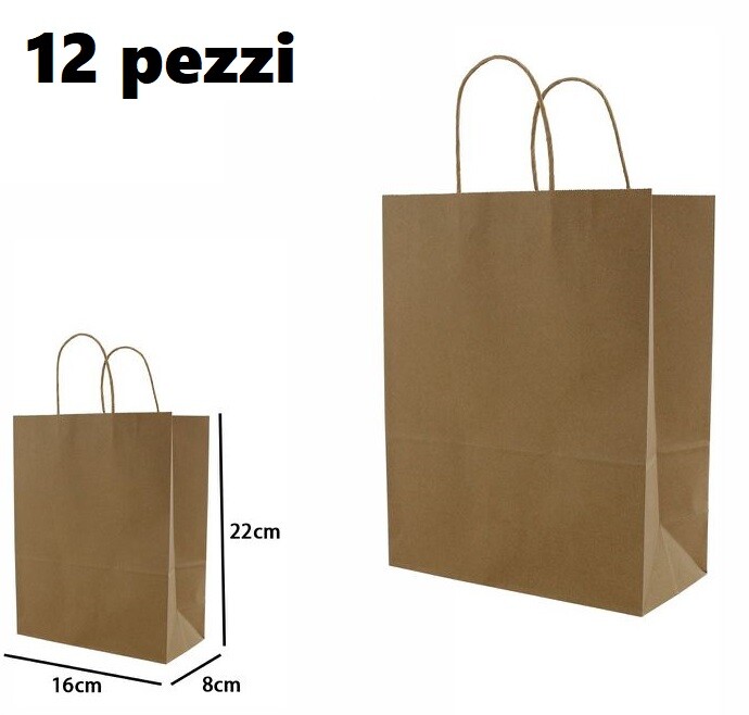 Set 12 Pezzi Buste Borsa Da Regalo Sacchetti Carta Marrone 22x16x8cm dfh