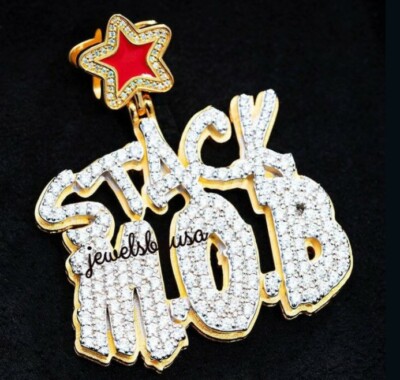 Pre-owned Nsg 3ct 100% Moissanite Stack Mob Custom Name Pendant 14k Yellow Gold Plated Silver In White