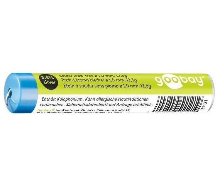 Goobay Lötzinn bleifrei, mit Flußmittel, 3,5% Silber, ø 1,0 mm, 12,5 g