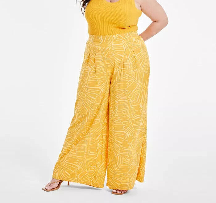 Nina Parker Trendy Plus Size Wide-Leg Pants Women's 4X Golden Palm Elastic Waist - Picture 1 of 13