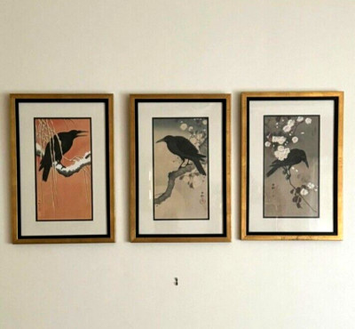 3 Japanese Woodblock Prints Shoson (Koson) Ohara Crows Birds Framed