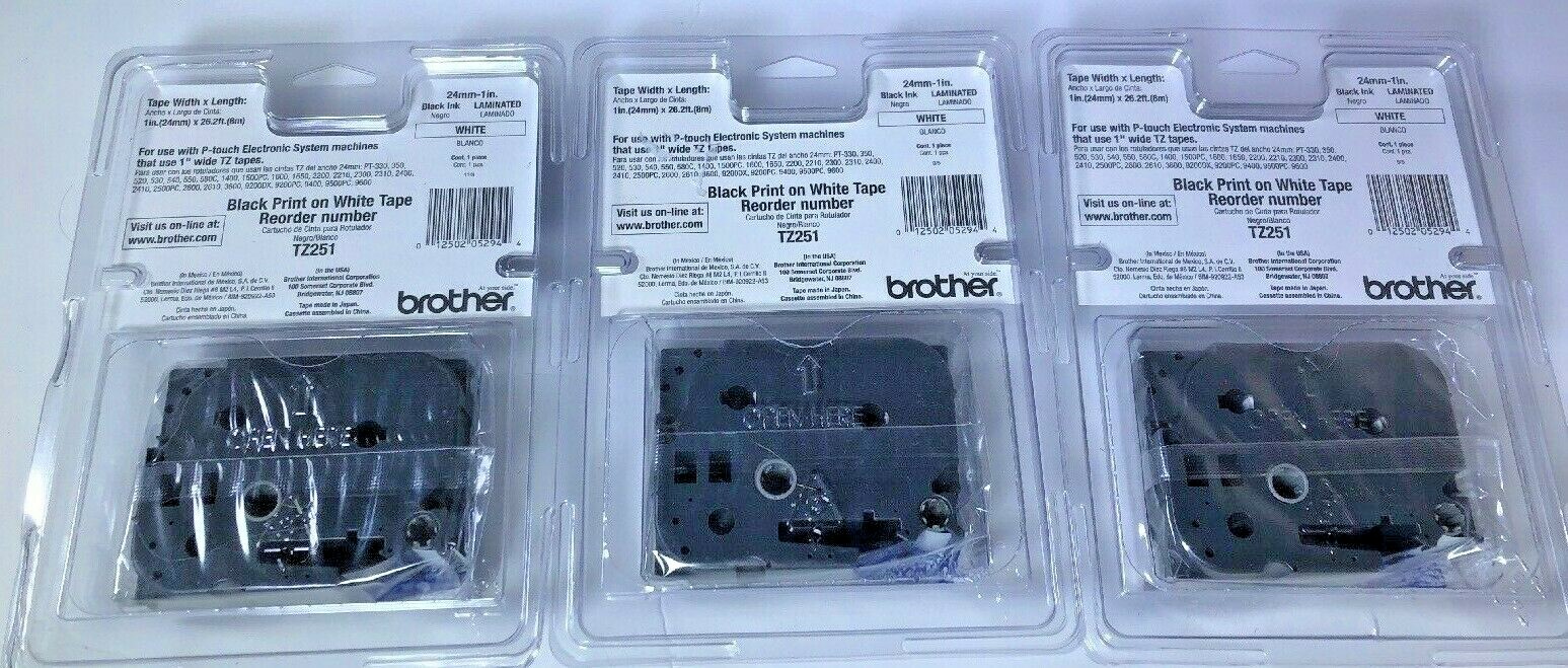 3X LOT 24mm 1'' Tz 251 TZ251 Black on White Label Tape For Brother P-touch NEW