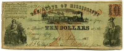 (55) Rare Billet de 10 DOLLARS The State of MISSISSIPPI 1862