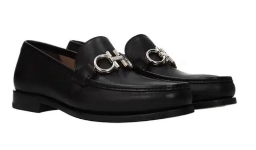 Pre-owned Ferragamo Salvatore  Rolo Black Leather Mens Loafers 8 Ee Reversible Buckle