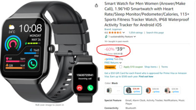 Black Smart Watch Calls/Heart Rate/Sleep Monitor/Pedometer Smartwatch MSRP $40