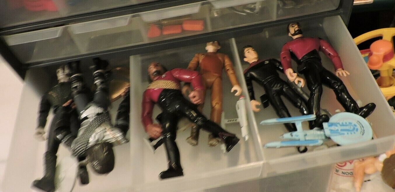 Large Collection Of Star Trek Figures Weapons Rank badges Phasors Tricordes Ect.