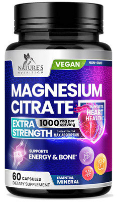Magnesium Citrate 1000mg Extra Strength   Muscle, Nerve & Heart Support, 60 Caps