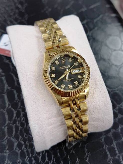 Orologio Da Polso Donna DINUO Diamond Quarzo Datario Classico Oro Nero lac