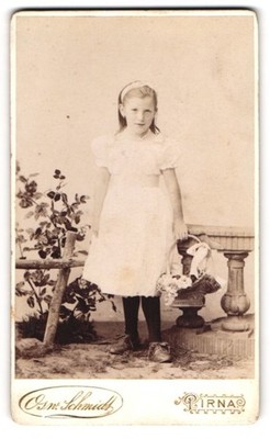 Fotografie Osw. Schmidt, Pirna, Grohmannstr., Mädchen im weißen Kleid mit Blume 