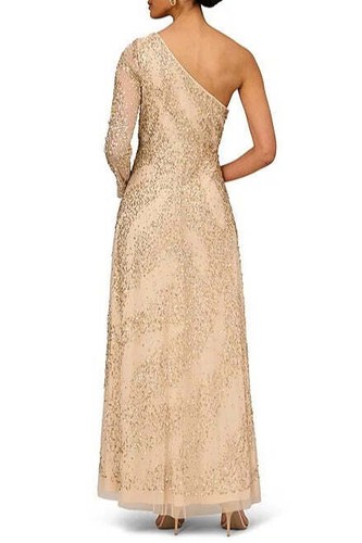 Pre-owned Aidan Mattox Light Gold Beaded One Shoulder Long Sleeve A-line Gown