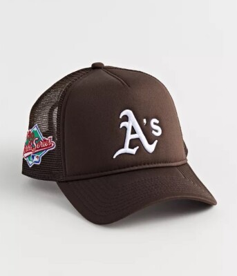 Men's New Era Brown Oakland Athletics A-Frame 9FORTY Trucker Snapback Hat UO EXC