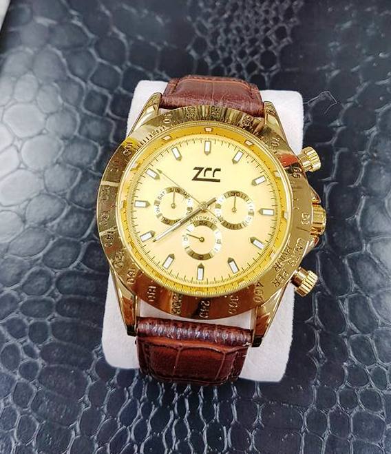 Orologio Polso Zcc Uomo Automatico Cinturino Pelle Marro Elegante Oro Dorato lac