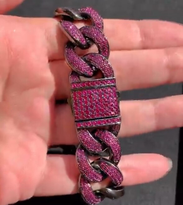 Pre-owned Online0369 4.5 Ct Pink Simulated Ruby Men's 18mm Cuban Link Bracelet Black Gold 925 Silver