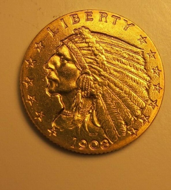 1908 $2.50 Indian Quarter Eagle Gold Coin, AU