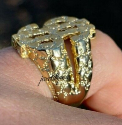 Pre-owned Nsg Men's Solid Dollar Symbol Nugget Pinky Ring 14k Yellow Gold Plated Silver