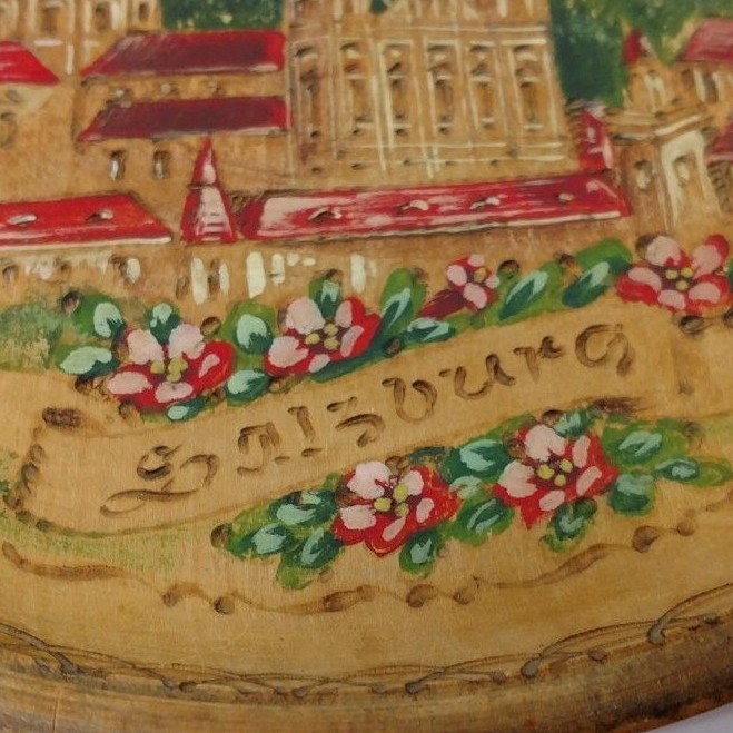 Salzburg Austria Wooden Souvenir Plate Hand Carved Hand Painted Old Village 8.5