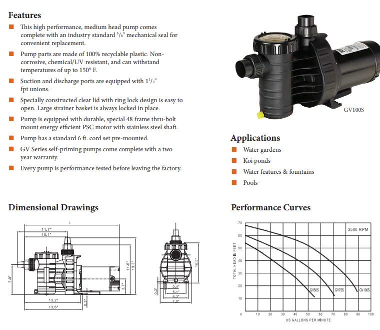 1 hp Self-Priming External Pond & Water Feature or Fountain Pump –62' MAX Head
