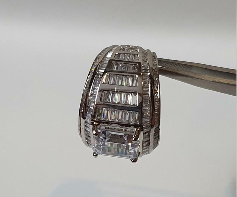 Pre-owned Online0369 2ct Baguette Cubic Zirconia Mens Statement Ring Free Stud Silver Ring Size 10 In White
