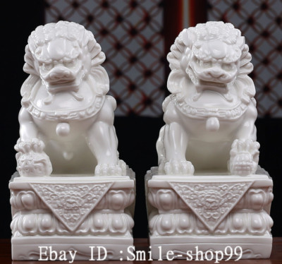 7.8" Old China Hehua White Porcelain Dynasty Palace Lion Animal Statue Pair