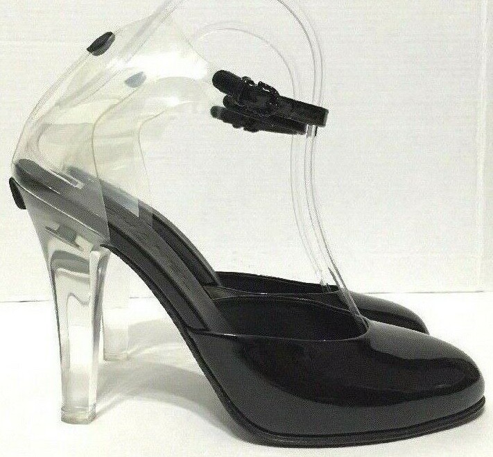 靴 CHANEL BLACK ANKLE STRAP WRAP HEELS Chanel Black Lace Ankle Wrap Bow CC Pumps Size 9/39.5