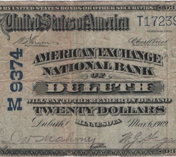 1902 PB $20 American Exchange National Bank Duluth Minnesota Banknote Circ Fine