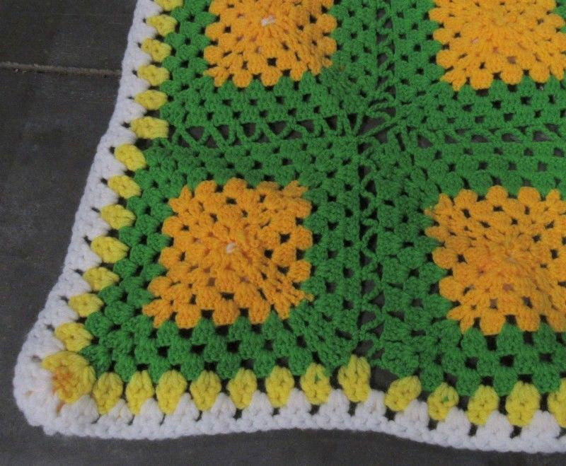 Handmade Crochet GreenOrangeYellow White Granny Square Afghan Throw20