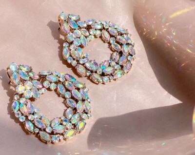 ZARA Iridescent Arora AB Crystal Rhinestone Pave Hoop Wreath Earrings Omega back