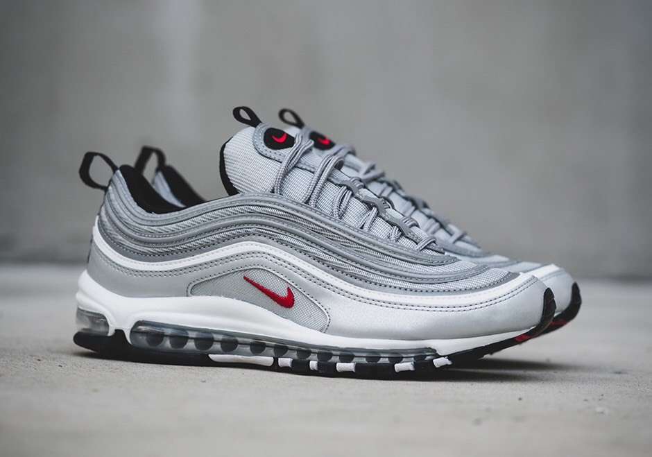 silver and red air max