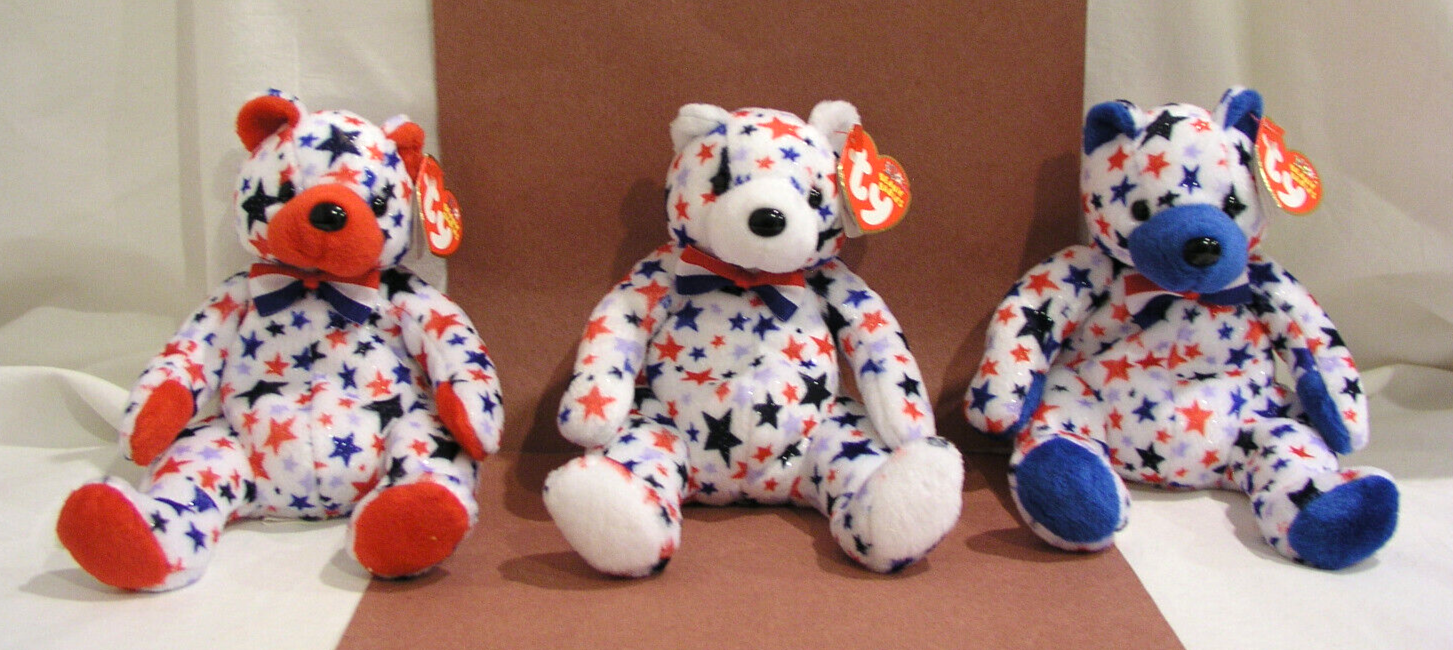 2003 Ty Beanie Baby Red White Blue Pot Belly Bear 4th July New NWT Lot